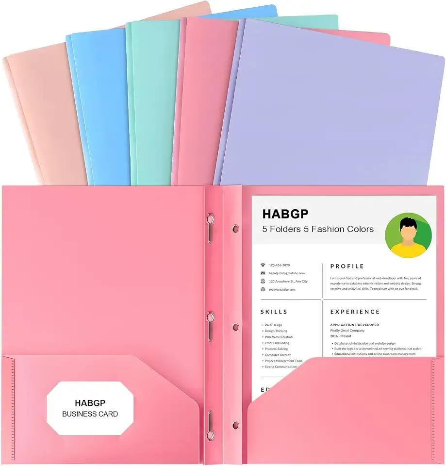 2 Pocket Folder with Prongs (5 Pack, Pastel), Plastic Folders with Pockets | Pastel Colors, Business Card Holder, Fit Letter Size, Organizing Papers, in School, Office, Business