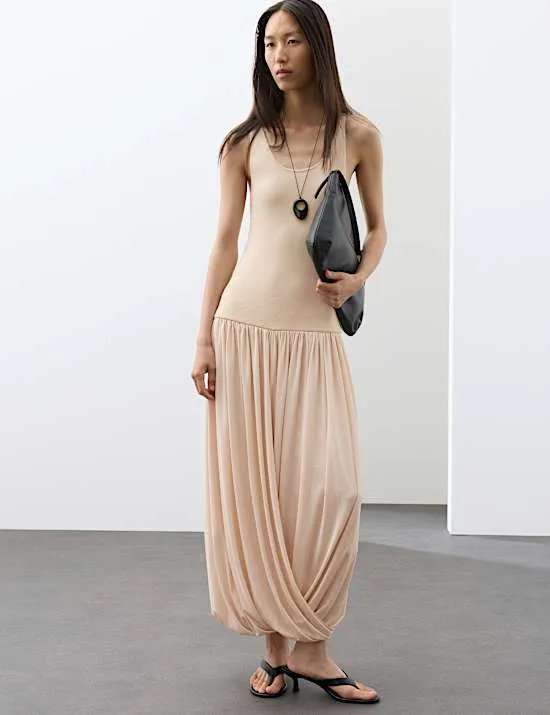Knitted Scoop Neck Draped Maxi Drop Waist Dress
