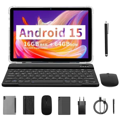 PRITOM 10 Zoll Android 15 Tablet, 16(4+12 erweiterbar)GB+64GB 1TB erweiterbar, WiFi 6, Dual-Box-Lautsprecher, BT5.0, mit Tastatur, Maus, Hülle, grau