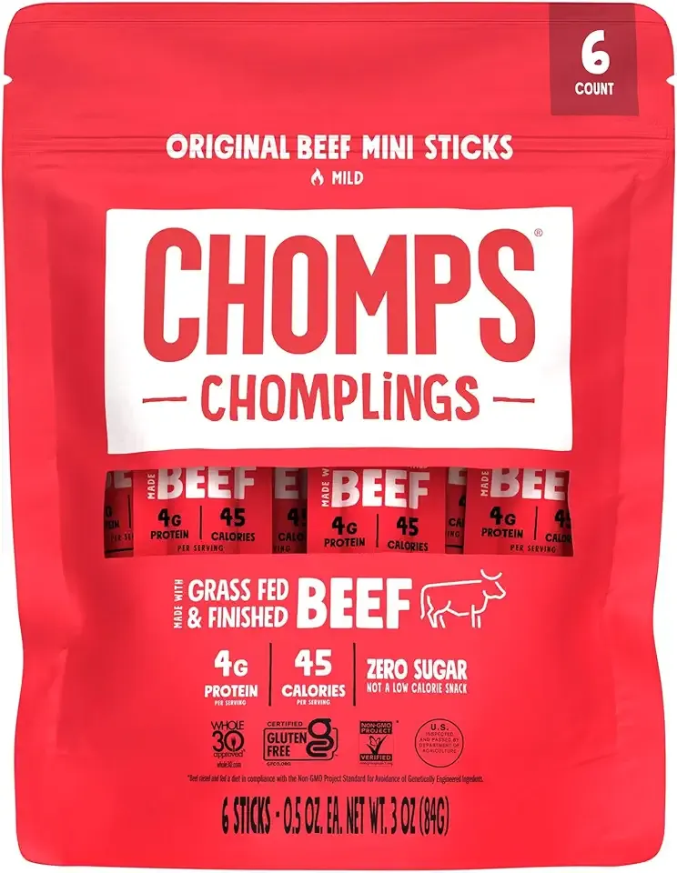 CHOMPS MINI Grass Fed Beef Jerky Meat Snack Sticks 0.5 Oz, Original Beef (Pack of 6)