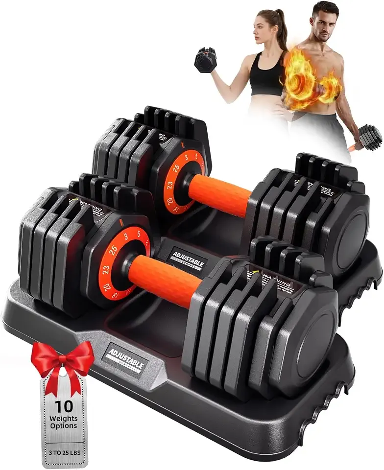 2026 Upgrade Adjustable Dumbbell Set 25lb/50lb, Small Increment in 3-6lb, 1 Hand Quick-Dial, 10-in-1 Adjustable Dumbbells with Tray, Anti-Slip Grip for Home Gym HIIT Strength Training