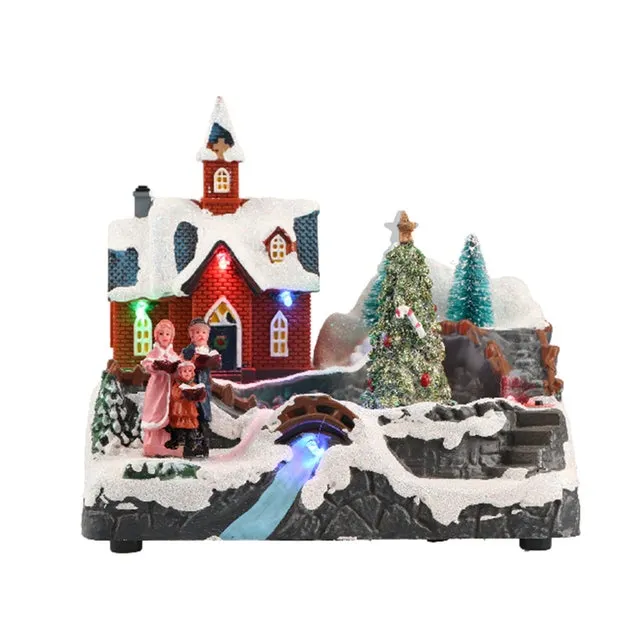 Escena navideña iluminada con familia con decoración LED multicolor para pueblo navideño / Título predeterminado