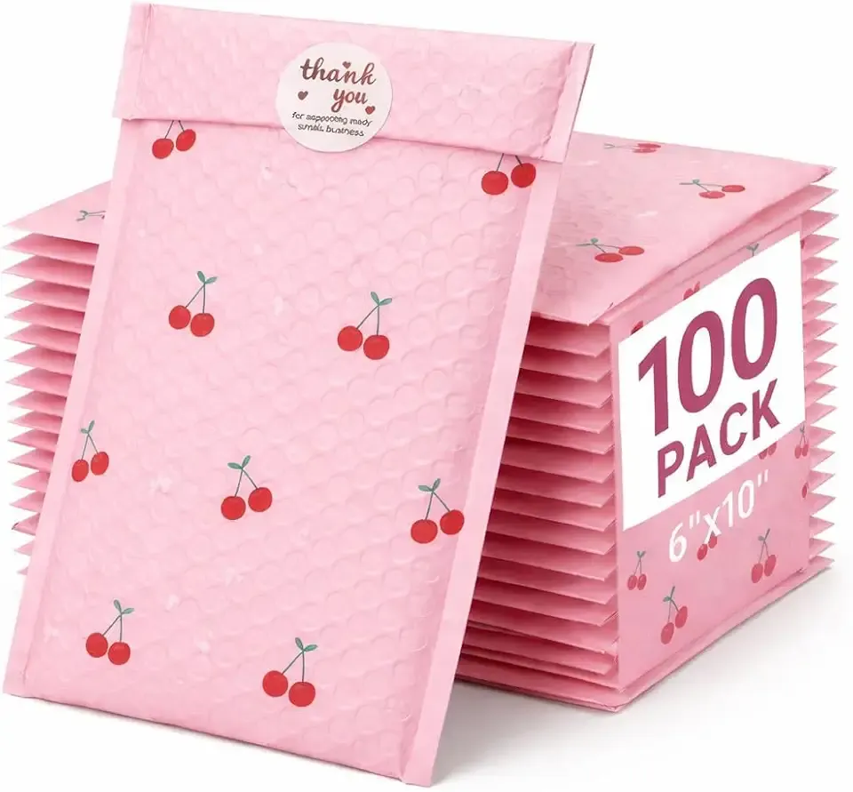 Cozymood 6x10" Bubble Mailers 100 Pack Cherry Pattern Pink Padded Envelopes | Usable Size 6x9" Waterproof Self Seal Cute Bubble Envelopes for Small Business Mailing Envelopes for Jewelry, Gifts #0