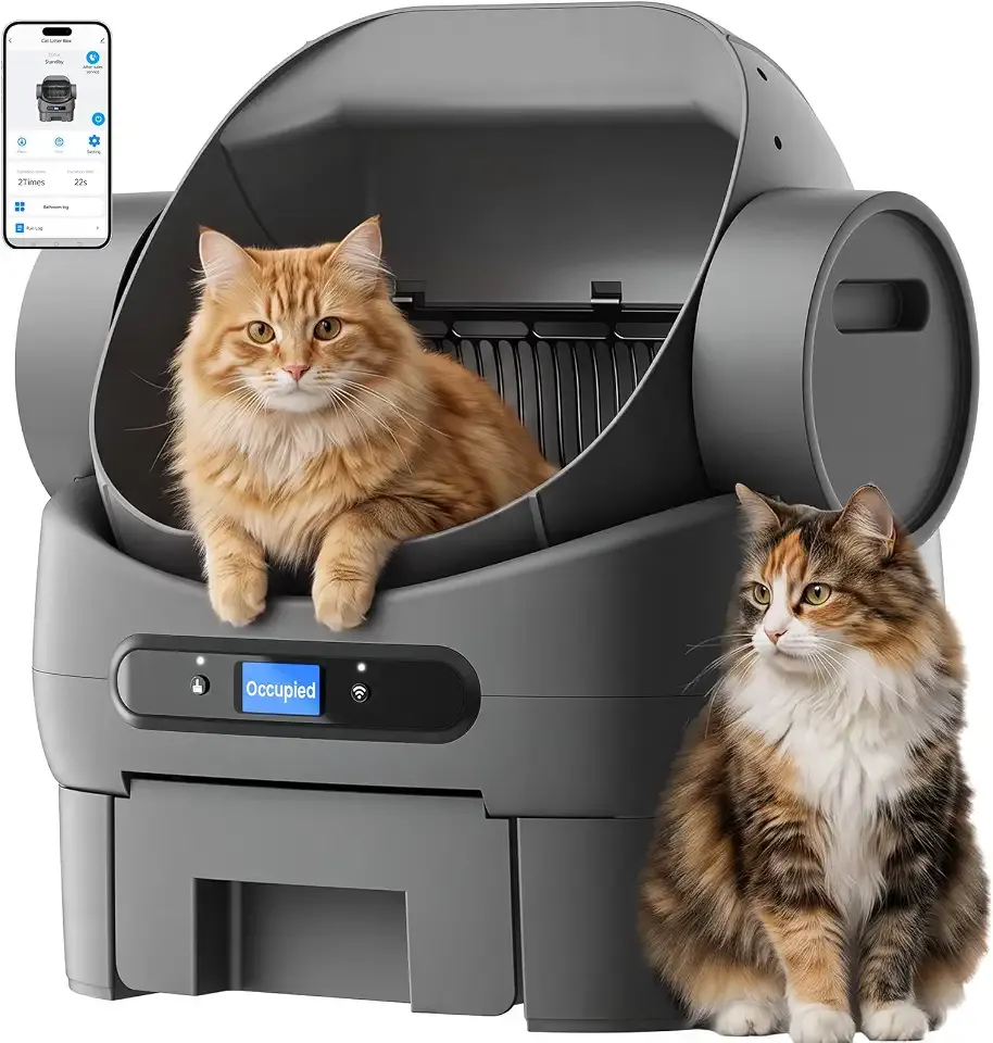 Open-Top Automatic Cat Litter Box, Self Cleaning Litter Box for Multiple Cats, 10 Safety Sensors, Large Capacity with APP Control, Noise&Odor Control Robot, LED Display, Hands-Free