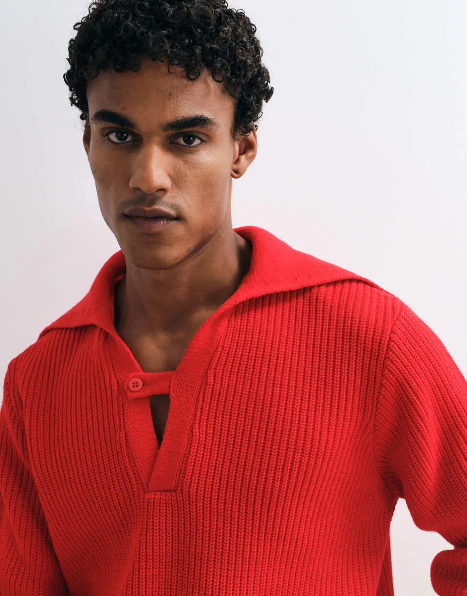 ASOS DESIGN knitted relaxed polo with open collar detail