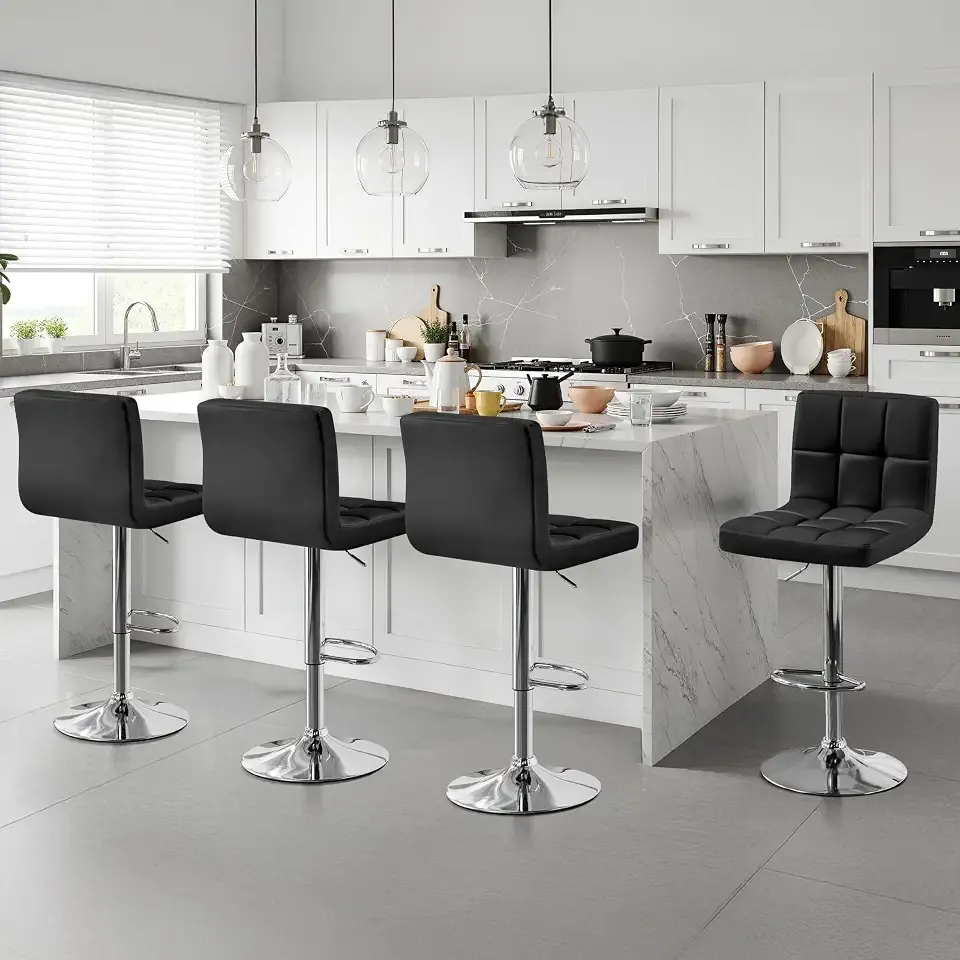 Yaheetech Bar Stools Set of 4, PU Leather Swivel Barstools, Height Adjustable Counter Chairs with Back for Bar Kitchen Island Dining Room, 300lb Capacity, Black