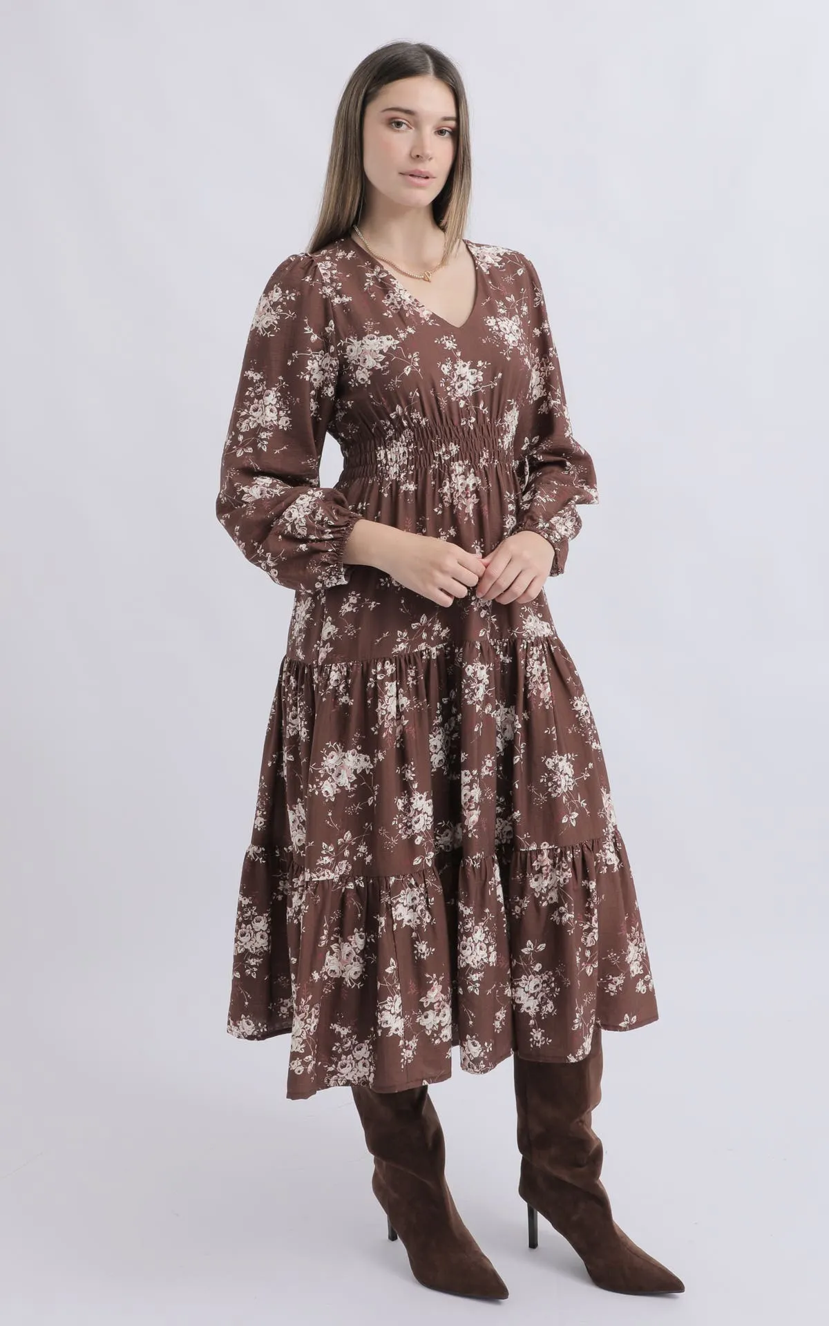 Voile V Neck LS Midi Dress