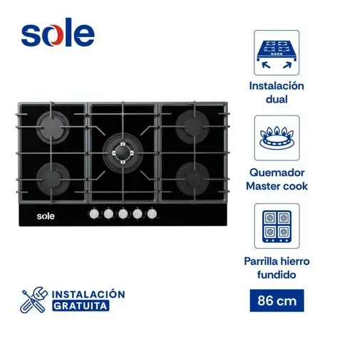 Encimera Empotrable A Gas 5 Hornillas Sole Negro