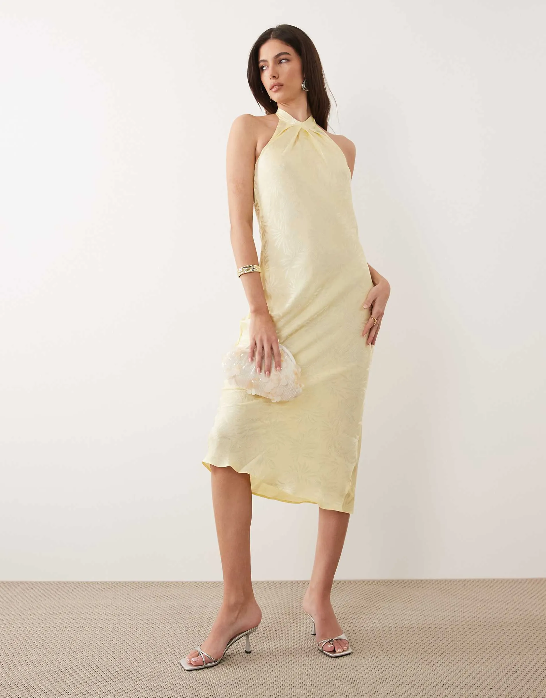 New Look satin palm jacquard halter neck maxi dress in yellow
