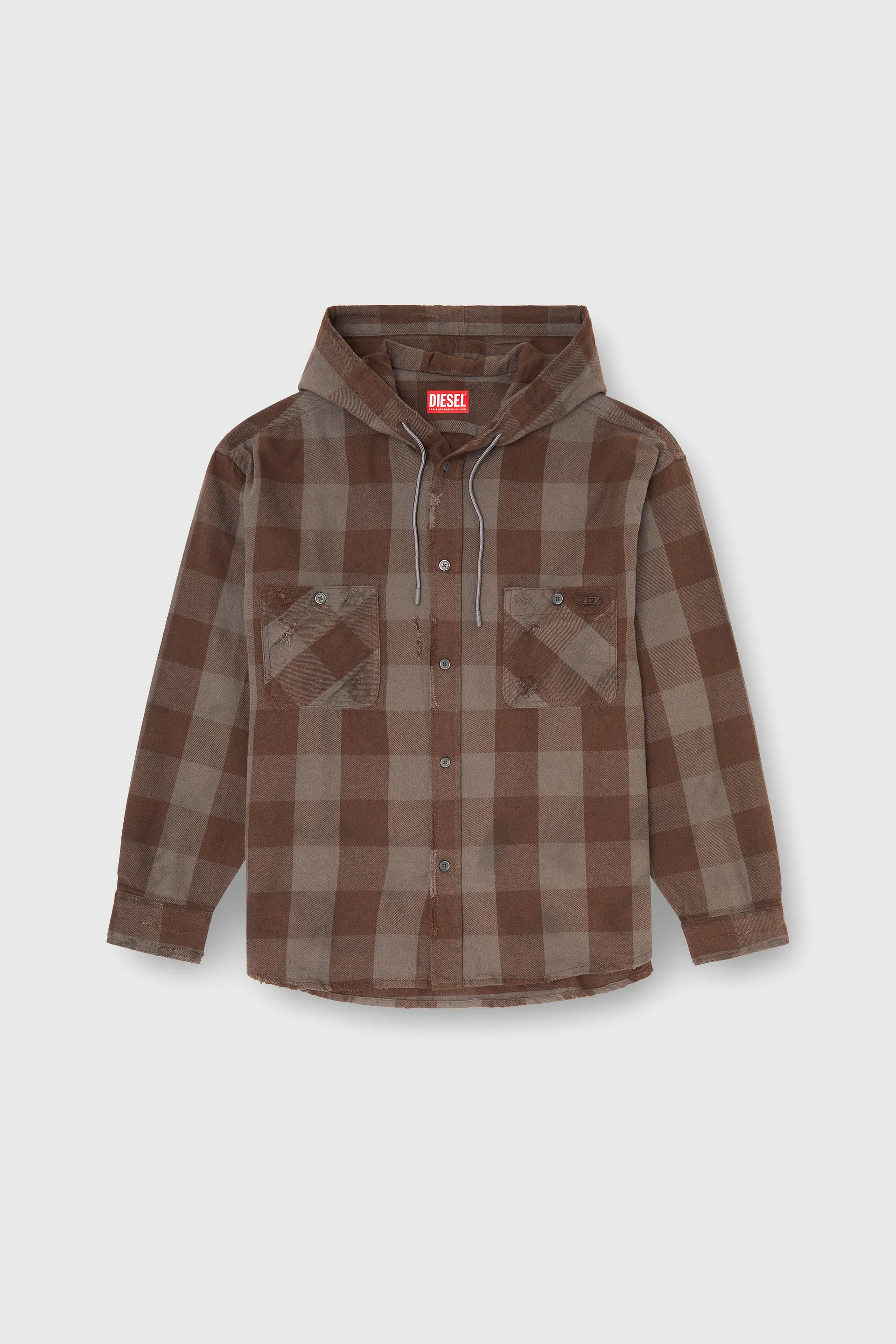 Distressed hooded shirt in check flannel