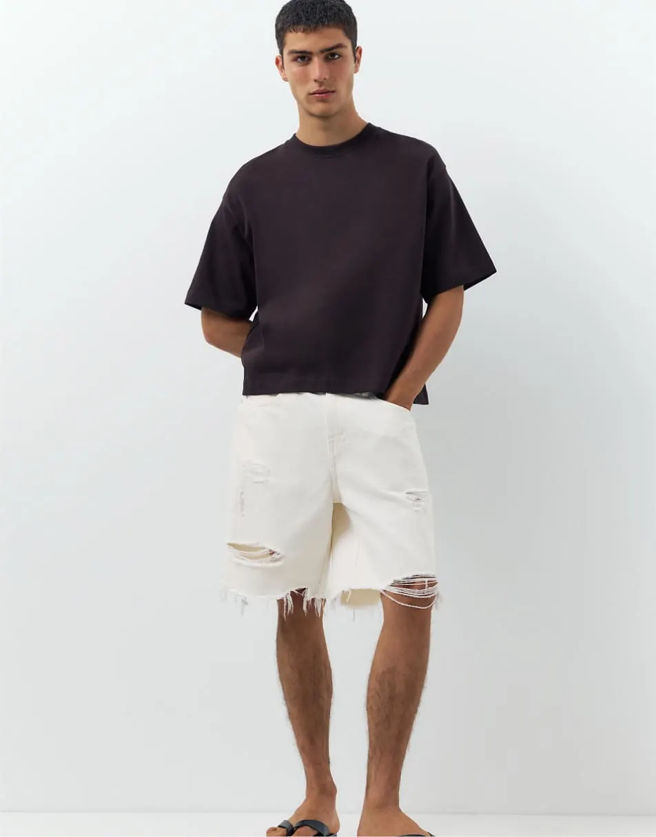 Pull&Bear Straight-leg denim bermuda shorts in beige