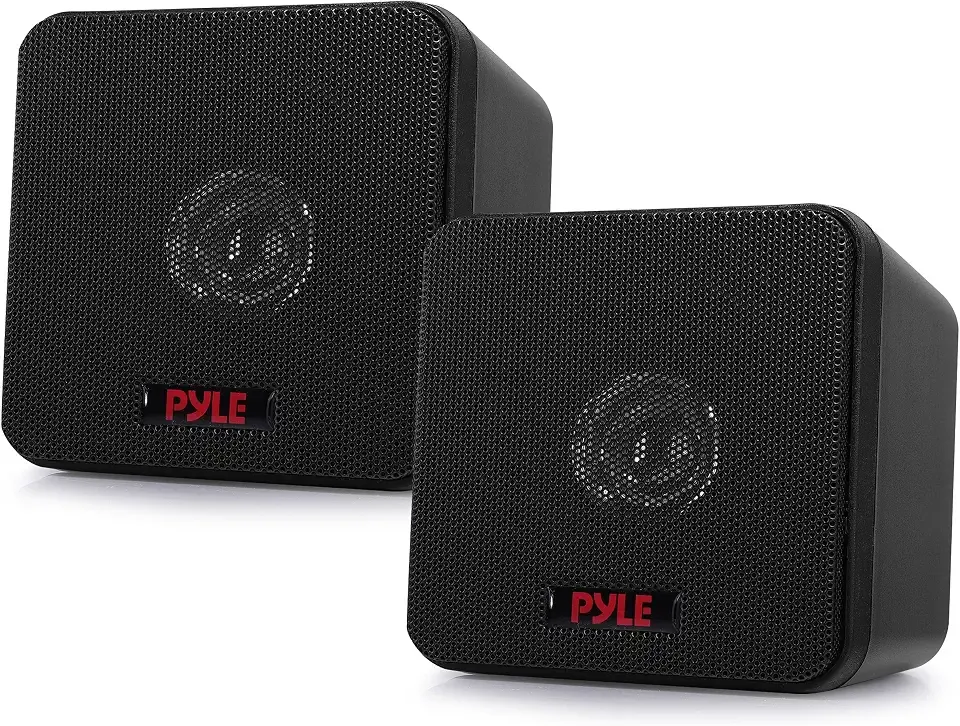 Pyle Home 4” Mini Cube Bookshelf Speakers-Paper Cone Driver, 200 Watt Power, 8 Ohm Impedance, Video Shielding, Home Theater Application and Audio Stereo Surround Sound System - 1 Pair -PCB4BK (Black)