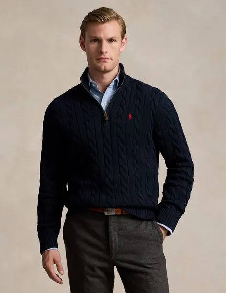 Cable-Knit Cotton Quarter-Zip Jumper Hunter Navy