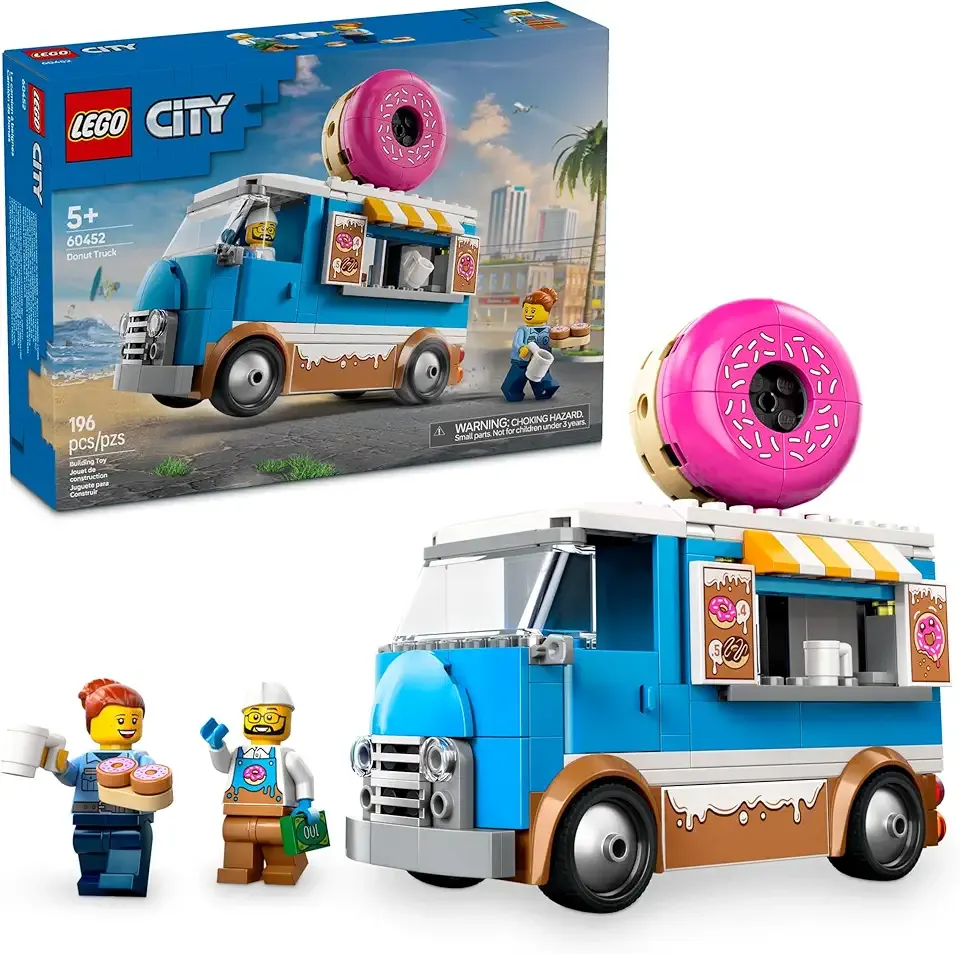 City Donut Truck Toy - Building Toy for Kids, Boys and Girls, Ages 5+ - Mobile Donut Stand with 2 Minifigures and Other Accessories - Fun Gift Idea for Birthdays and Holidays - 60452