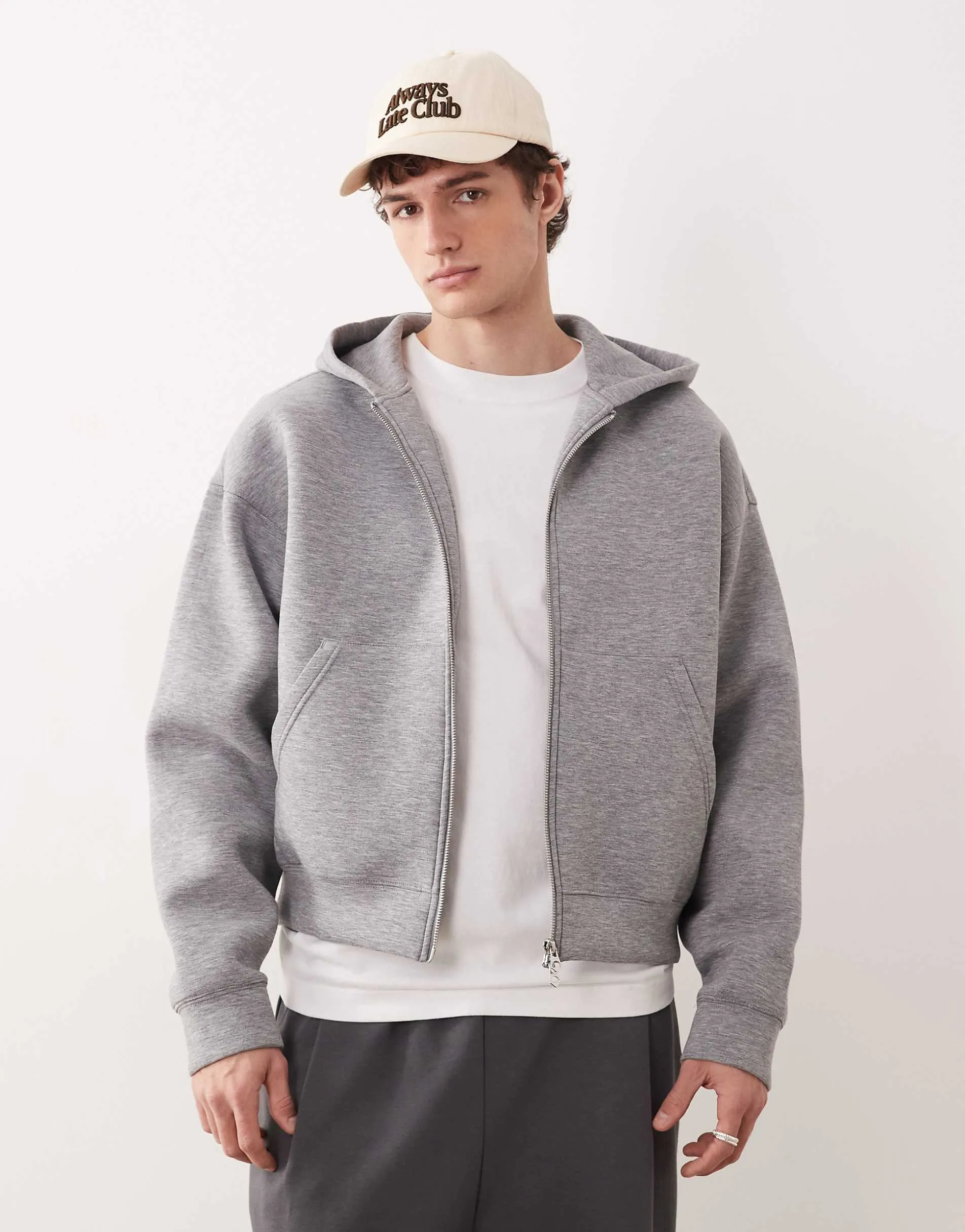 Weekday Simon zip through hoodie in grey melange in scuba-style fabric