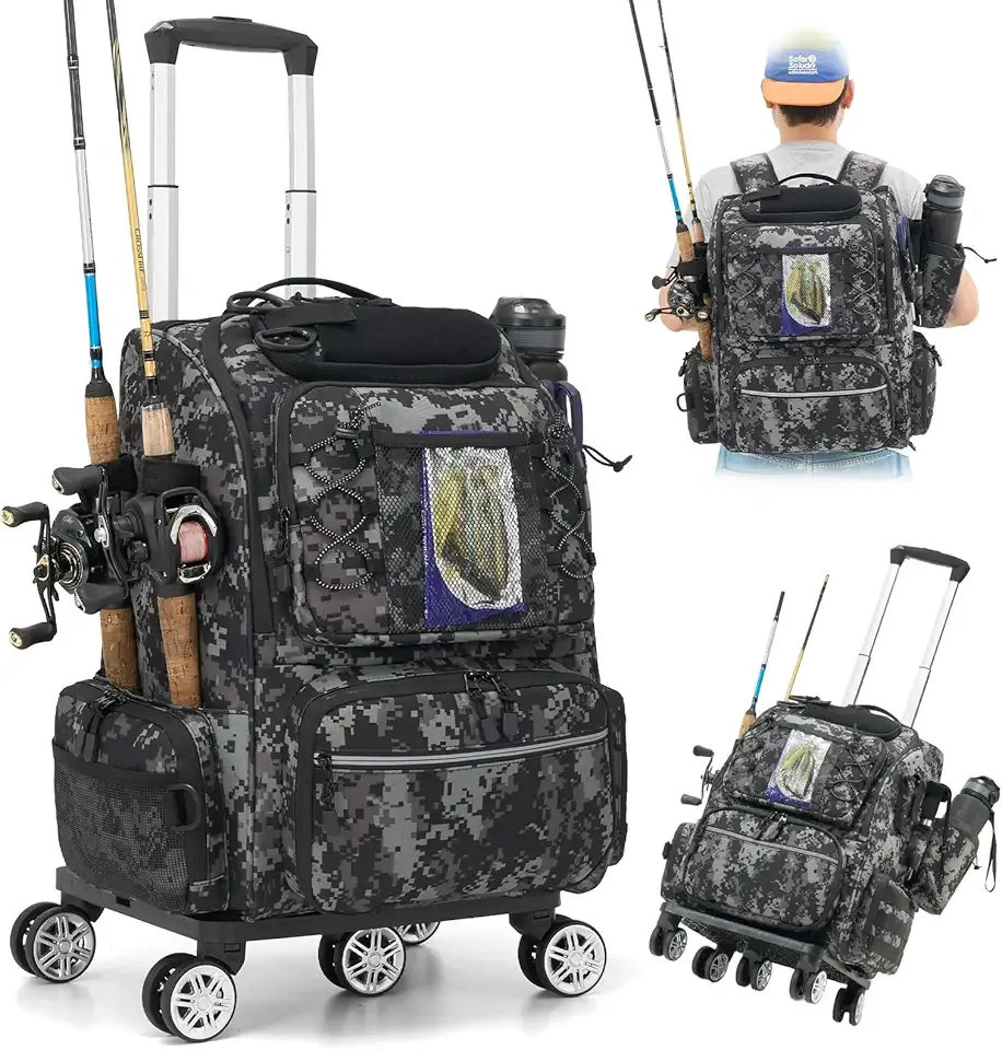 2-in-1 Rolling Fishing Backpack with 3 Rod Holders,Detachable Wheels &Trolley|48L Large Water Resistant Tackle Bag Store Fishing Gear,Safety Reflective Straps,Ideal Fishing Bag for Men