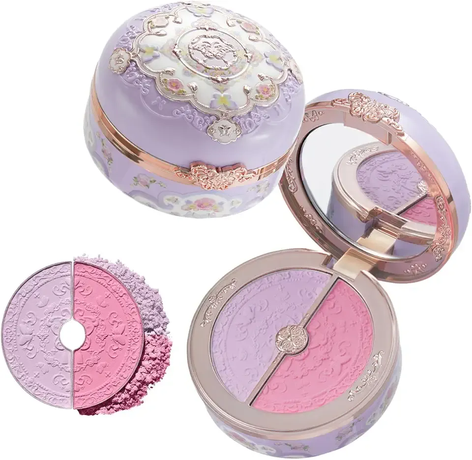 Flower Knows Butterfly Cloud Collar Rouge Box Highlighting & Blush Duo Powder,Purple+Berry Two Tone Matte Blush for Cheeks Bulidable & Blendable,0.21 Oz(04 Fluttering Romance)