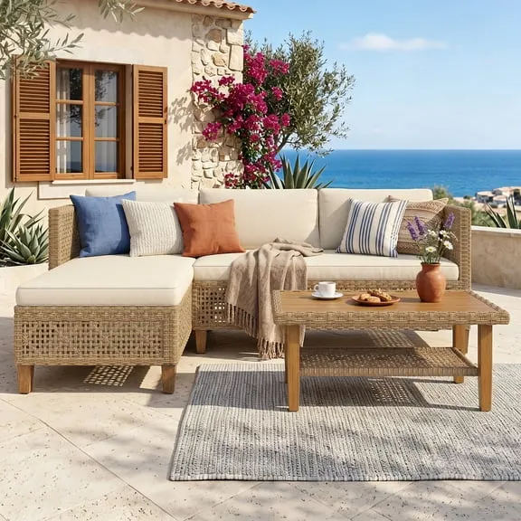 Best seller Alpha Joy 3 Pieces Wicker Patio Furniture Conversation Set Boho Style Outdoor Sofa with Wood Coffee Table $299.99 Was $459.99