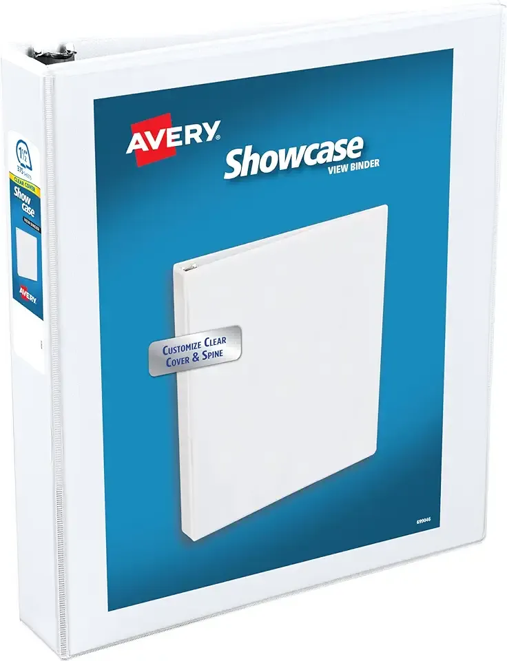 Avery Showcase 3 Ring Binder, 1.5" Slant Rings, 1 White Binder | For School, Home and Everyday Use, Clear View Covers, Interior Storage Pockets, Nonstick PVC-Free Material, Lay-Flat Pages
