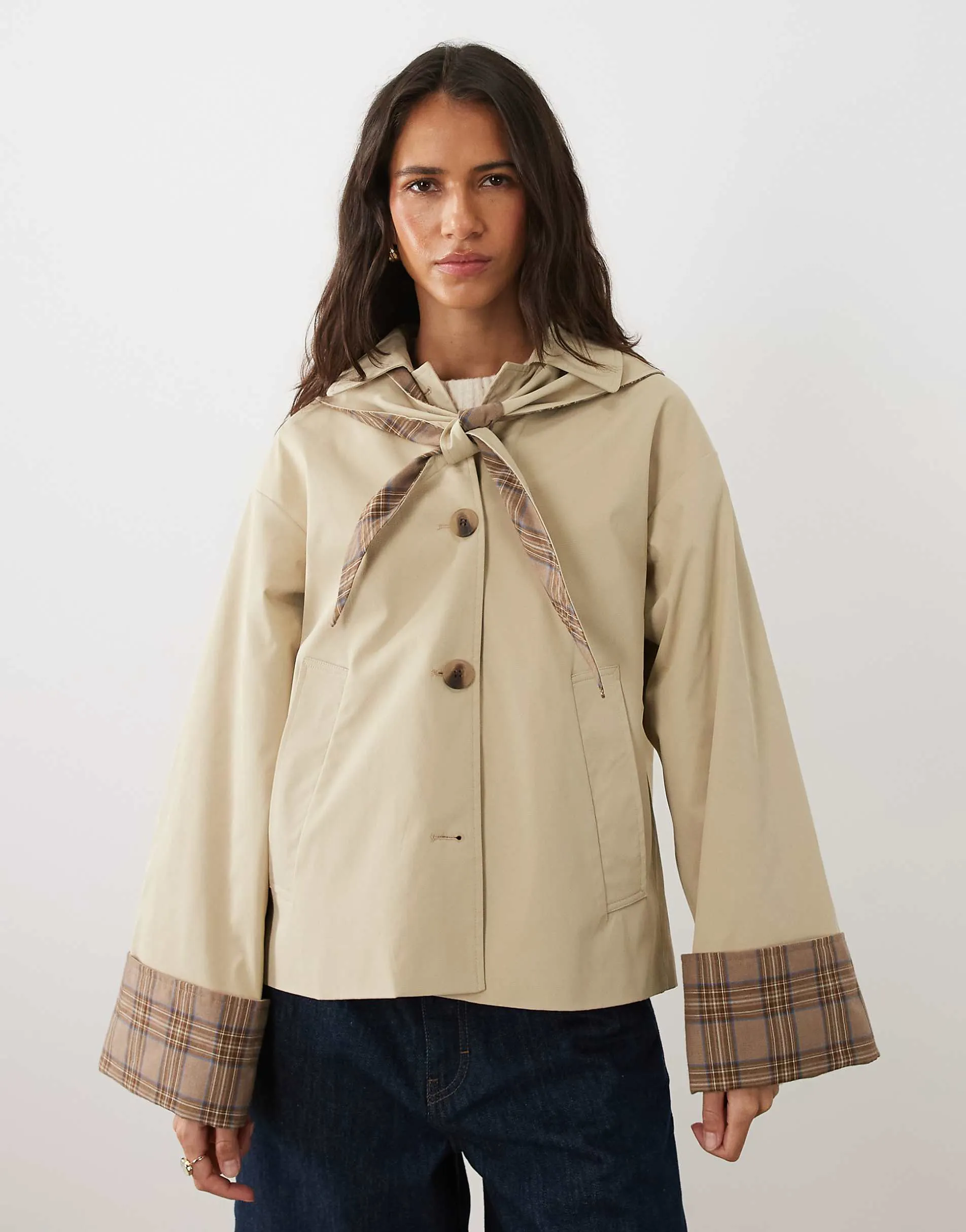 Vila scarf detail short trench coat with check trims in beige