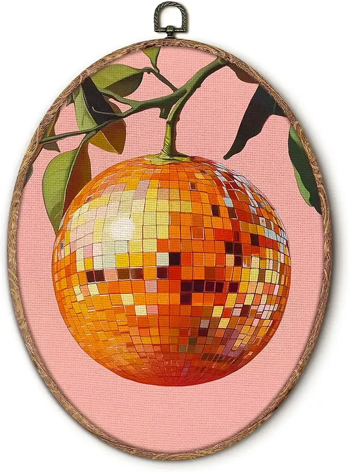 Trendy Funky Orange Disco Ball Oval Wall Art Framed, Funky Retro Oval Wall Decor, Trendy Aesthetic Hanging Canvas Prints Wall Sculptures for Home Living Room Bedroom Decor, 8.5x11.5 Inch