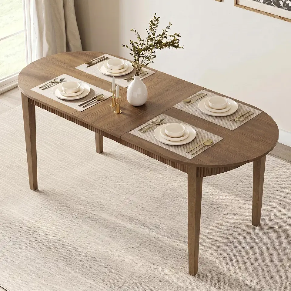 72.8" Dining Table for 4-8 People, Modern Wood Kitchen Table with Oval Tabletop, Dining Room Table with Fluted Detail, Brown