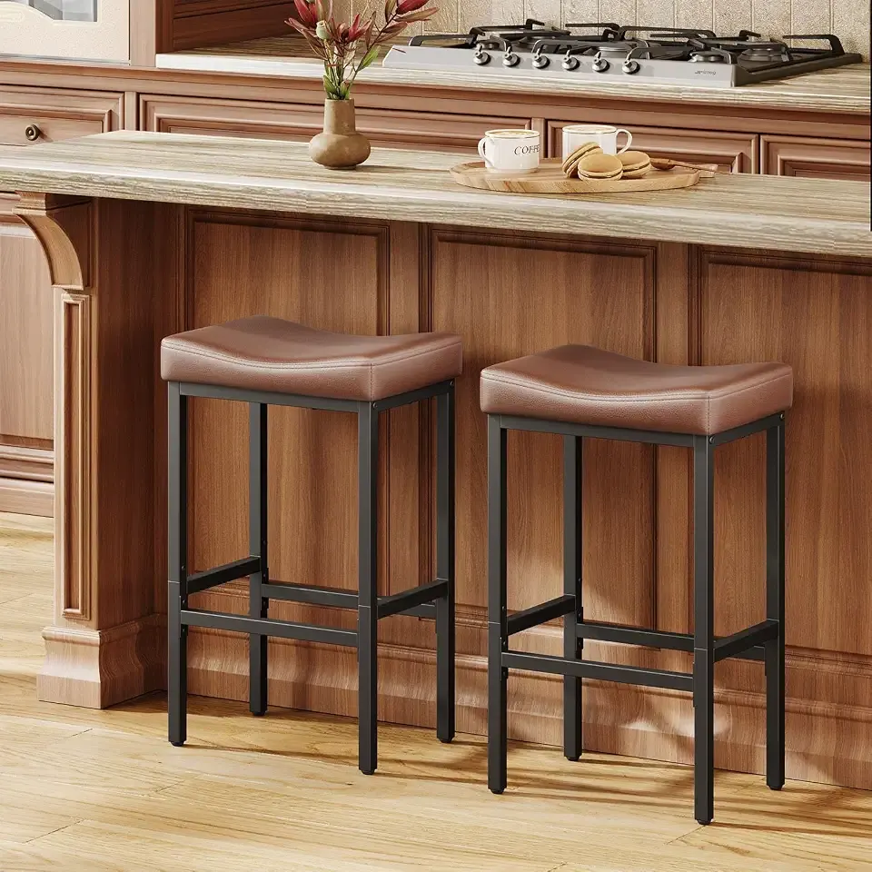 Compact 24 Inch Counter Height Bar Stools Set of 2 | Premium Faux Leather Barstools for Small Spaces, Counter Stools with Saddle Seat & Metal Legs, 15-Minute Easy Assembly, Brown