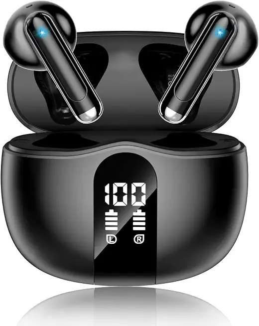Wireless Earbuds, 2026 Bluetooth 5.4 Headphones Bass Stereo Ear Buds with Noise Cancelling Mic, LED Display in Ear Earphones 50H Playtime Ear Buds, IP7 Waterproof for Laptop Pad Phones Soft Black