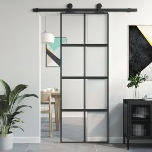 Puerta corredera vidrio templado y aluminio negra 76x205 cm esxt2524