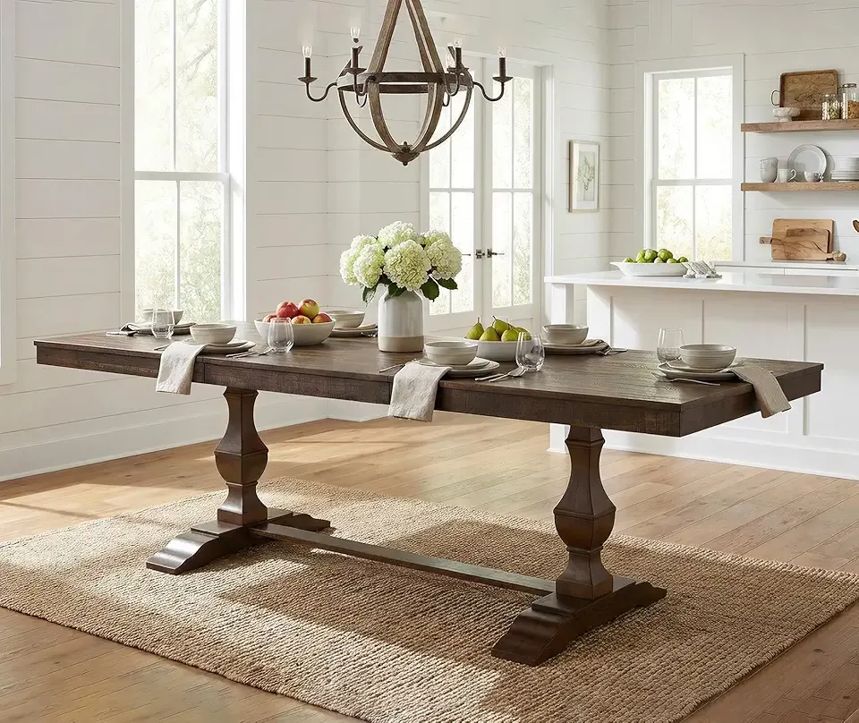 WAMPAT 74.8-inch Long Vintage Farmhouse Dining Table for 6-8 People,Sturdy Wooden Frame,Weathered Textured Tabletop,Solid Wood Double Pedestal Legs with T-Shaped Feet,Non-Extendable,Dark Walnut Brown