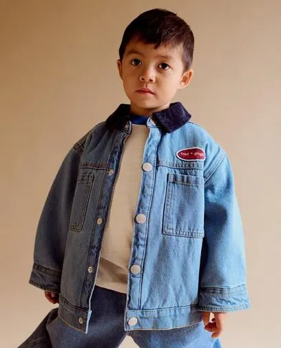 Blauw jeansvest met ribfluwelen kraag, loose fit