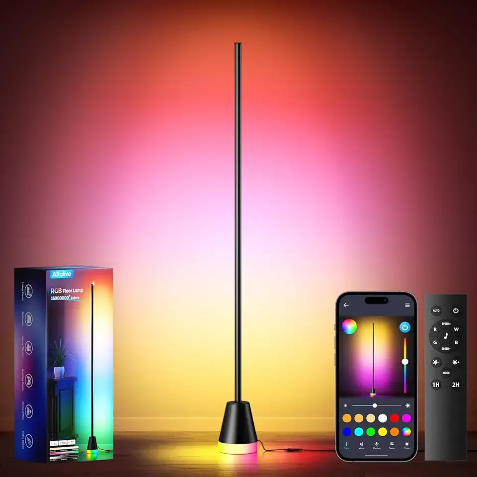RGB Floor Lamp, Smart LED Corner Lamp for Living Room Bedroom, 16 Million DIY Colors Standing Lamp with Music Sync App & Remote Control, Cool Modern Mood Light Ambient Lighting, Black