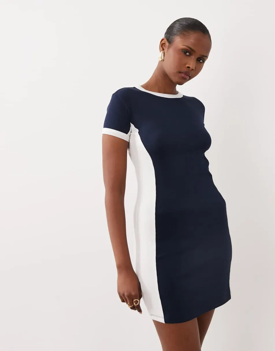 ASOS DESIGN T-shirt panel detail mini dress in navy with white colour block