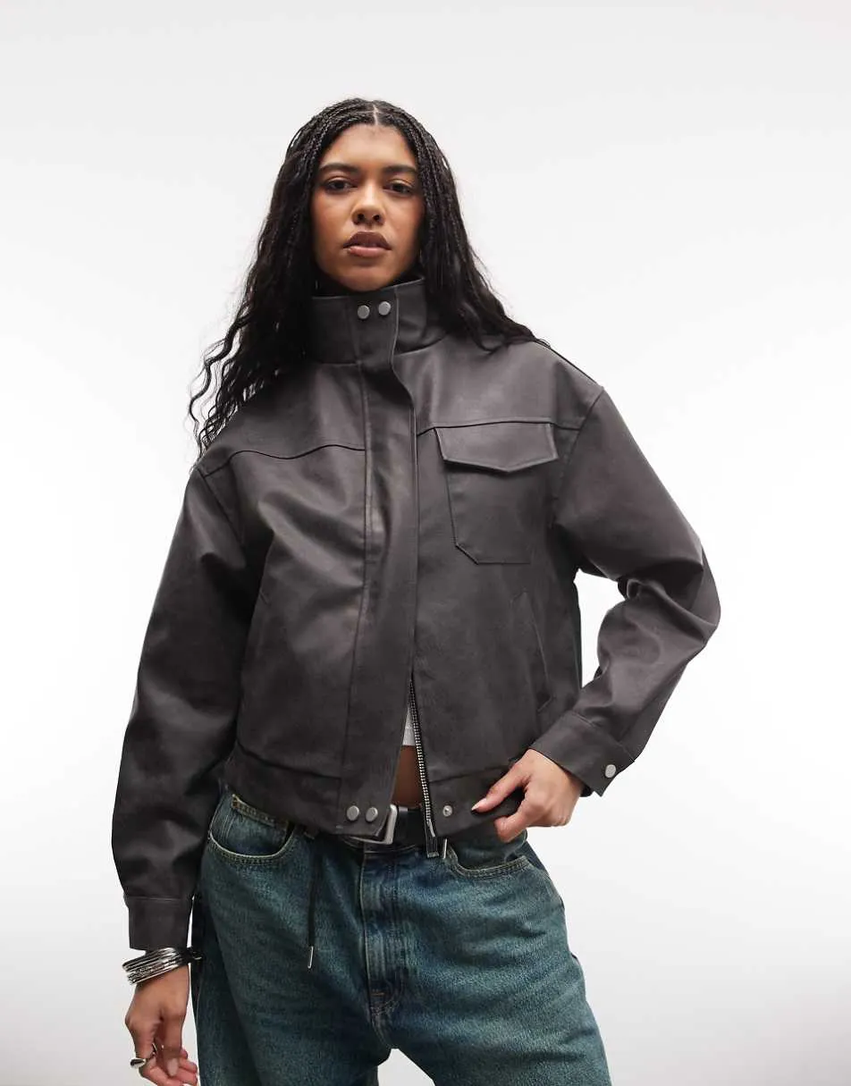 Liquor N Poker boxy textured funnel neck jacket in black