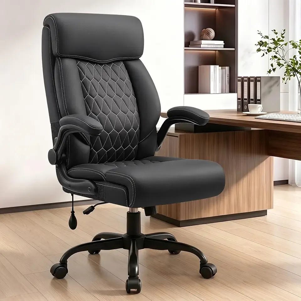 Ergonomic Office Chair with Inflatable Lumbar Support | Ergonomic Leather Desk Chair with Rocking Function & Flip Up Arm, Heavy-Duty for All-Day Sitting Comfort at Work