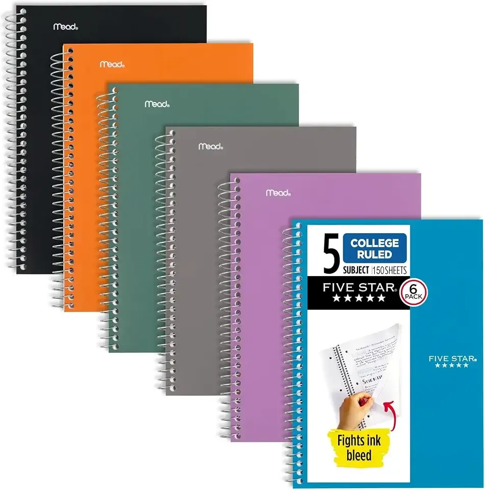Five Star Spiral Notebook, 5 Subject, College Ruled Paper, 6" x 9-1/2", 150 Sheets, Selected Colors Will Vary, 6 Pack (840030A)