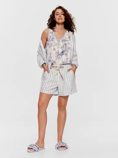 Stripe Floral Trim 100% Cotton Relaxed Mid Short