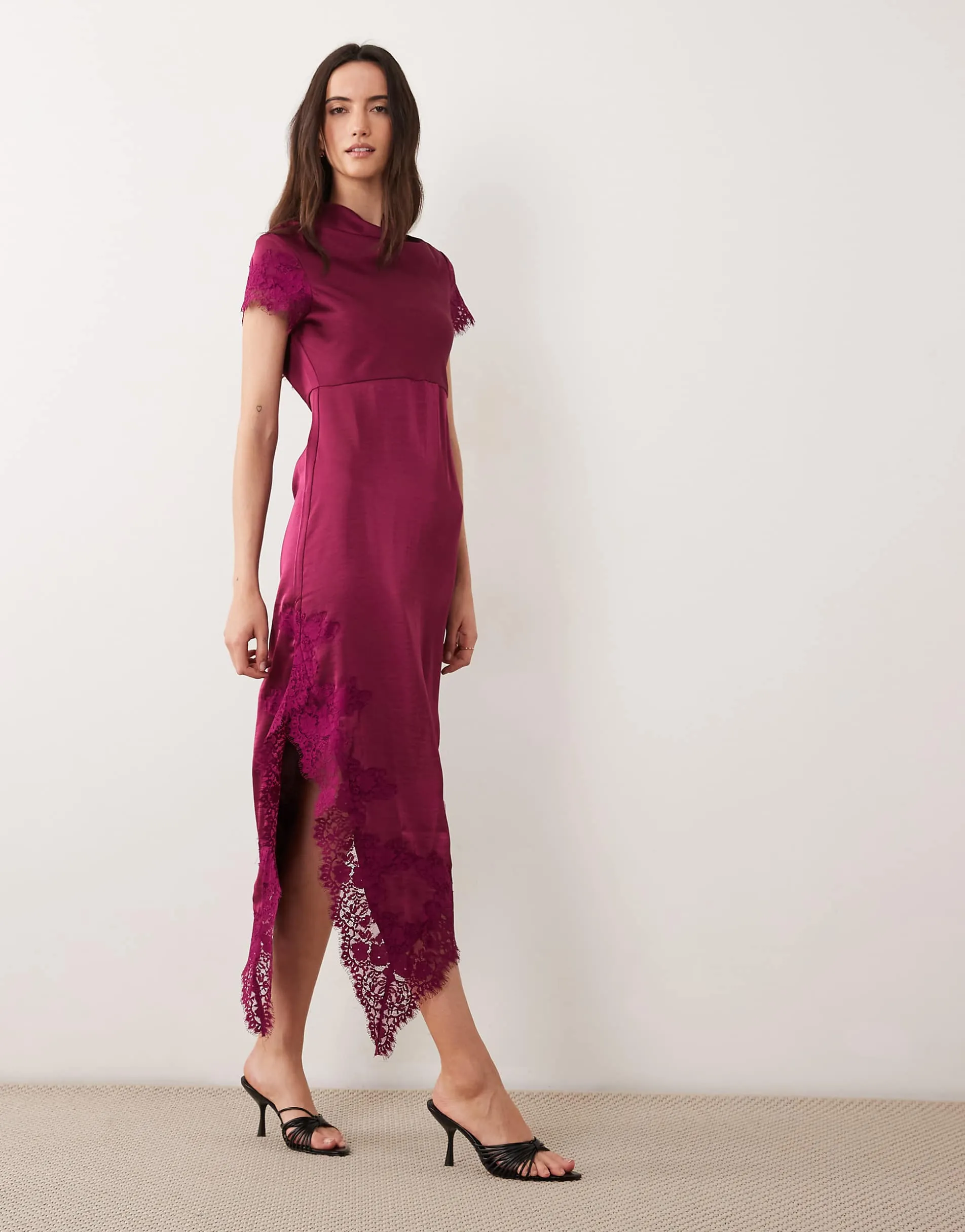 Vero Moda cap sleeve lace skirt detail satin maxi dress in purple