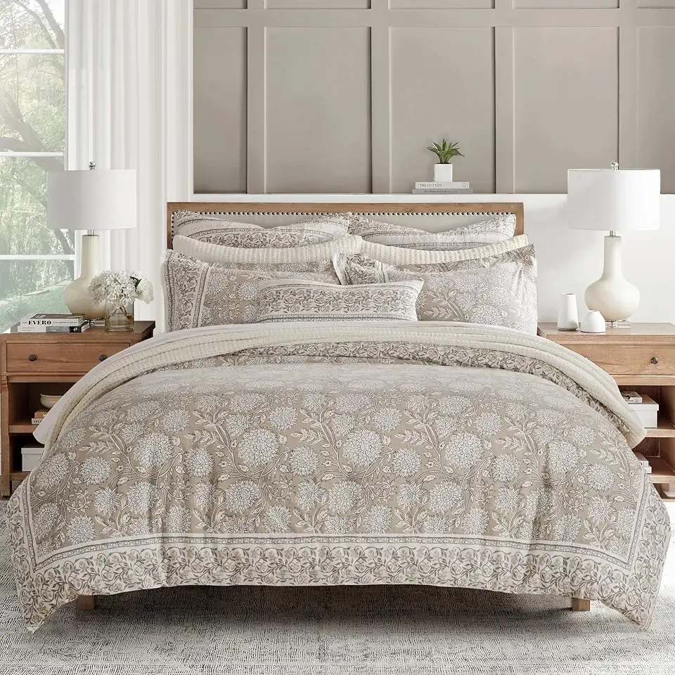 Levtex Home Adare Taupe Reversible King/Cal King Comforter Set (106x94in) with 2 Pillowcases (36x20in) - Floral Bedding - Taupe White - 100% Cotton King Size Comforter Set - Soft, Pre-Washed