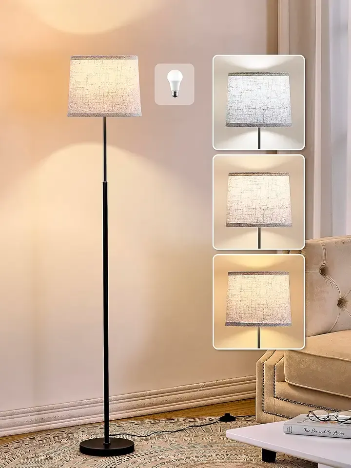 60" Modern Floor Lamp with Linen Shade, 3 Color LED Bulb & Foot Switch | Standing Lamp with Dimmable A19 9W 3 Color Temperature Bulb, Tall Lamp for Living Room, Bedroom, Office, Corner, Black