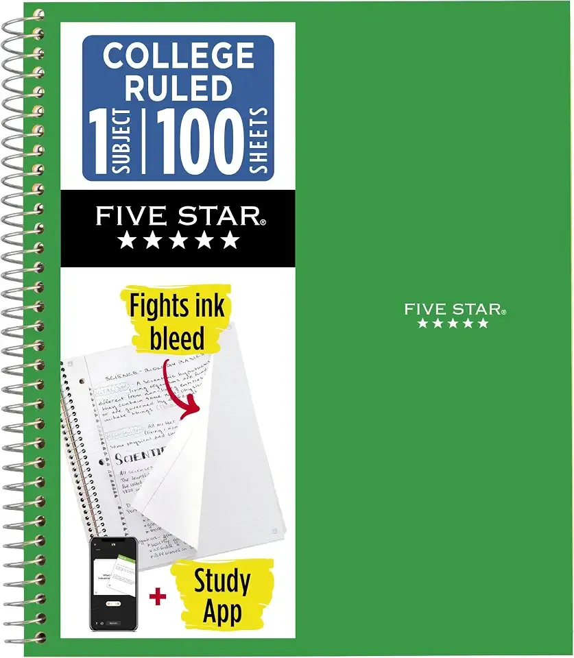 Five Star Spiral Notebook Plus Study App, 1 Subject, College Ruled Paper, 100 Sheets, 8-1/2" x 11", Forest Green (72055)