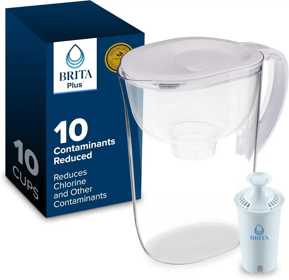 Brita Large 10-Cup Water Filter Pitcher with BritaPlus Filter, WQA NSF/ANSI Certified, Reduces 2X Contaminants vs. Standard, Removes Chlorine Taste & Odor, Reduces Zinc Copper Mercury & More, Clear