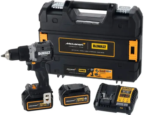 Aku příklepová vrtačka DeWalt McLaren DCD85MM2T-QW 18V včetně 2x aku 18V XR 4,0Ah, nabíječky a kufru TSTAK