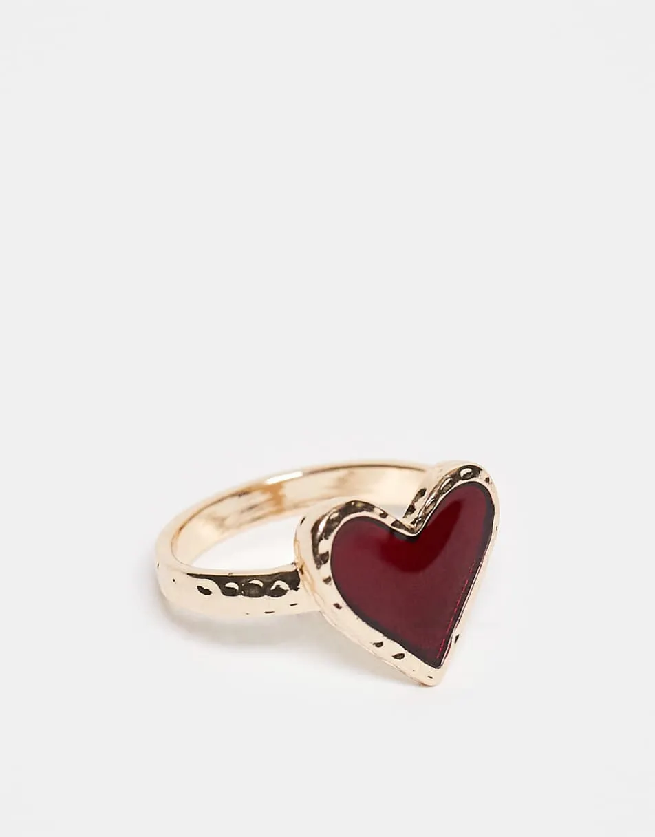 ASOS DESIGN Curve ring with burgundy resin heart design in gold tone