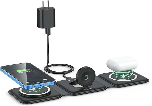 Wireless Charger 3 in 1,RTOPS Magnetic Travel Wireless Charging Station Multiple Devices,GaN 3 in 1 Charging Station,Compatible for iPhone16/15/14/13/Pro/Max,iWatch,AirPods4/3/2/Pro(Adapter In…