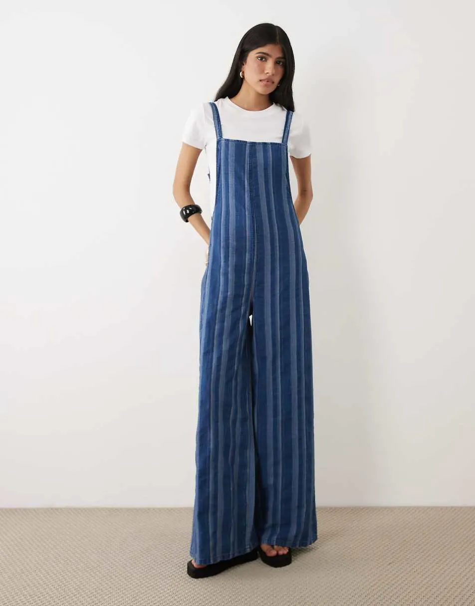 ASOS DESIGN soft denim wide leg jumpsuit in blue stripe