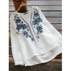 ZANZEA Plus Size Women Cotton Linen V-Neck Embroidery Patterns Casual Loose Blouse