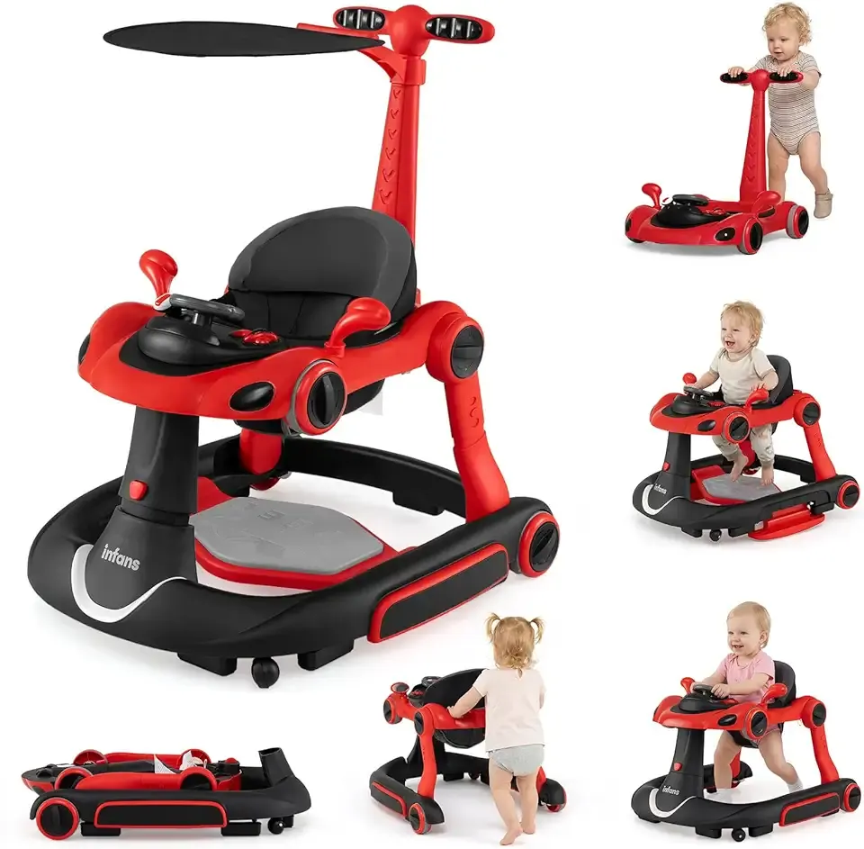 INFANS 6-in-1 Foldable Baby Walker, Converts Push Car to Bouncer, Rocker with Music, Lights, Adjustable Height & Speed, Activity Center, Canopy for 7-18 Months (Red)