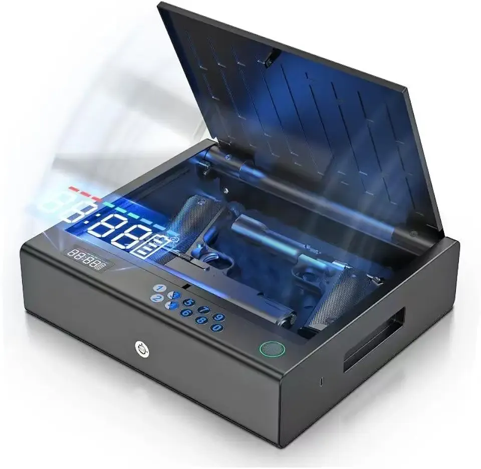 Gun Safe,Biometric Gun Safe for Pistols,Fingerprint ≤0.1s Quick Access Handgun Safe Pistol Safe with LCD Display for Time Battery/Full-digital Keypad,Safe for Nightstand,car (Frosted Black)