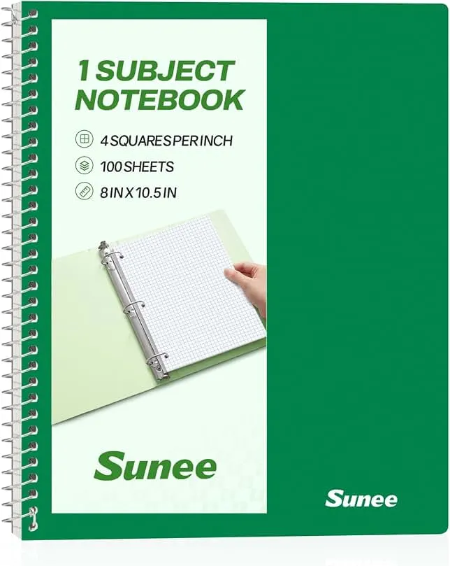 SUNEE Spiral Notebook, 1-Subject, Graph Ruled Paper, 8" x 10-1/2", 100 Sheets per Notebook, 3-Hole Punched Paper, Water Resistant Co…